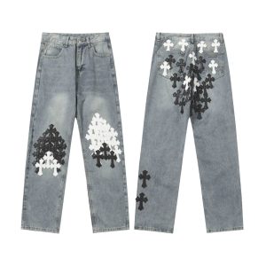 Spring Summer Straight Leg Leather Patch Denim Pants Slate Grey