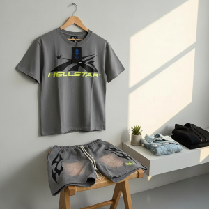 Hellstar Gray Flame Print T-Shirt and Shorts Set