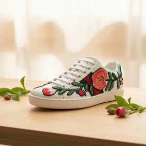 Gucci Floral Embroidered White Leather Sneakers