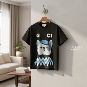 Gucci Dog Print Black Cotton T-Shirt