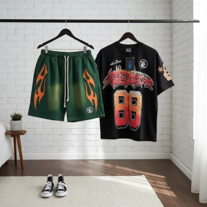 Hellstar Flame Print Streetwear T-Shirt and Shorts Set