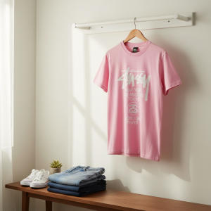 Stussy Pink Graphic Logo Cotton T-Shirt for Men