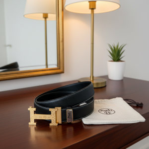 Luxury Black Leather Belt Gold H Buckle