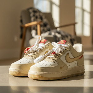 Nike Air Force 1 Beige Red Lace Sneakers