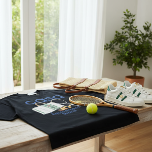 Casa Tennis Print Black Cotton Casual T-Shirt