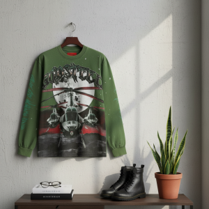 GOD SPEED Graphic Helicopter Green Long Sleeve T-Shirt