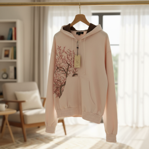 Derschutze Pink Blossom Print Zip Up Hoodie