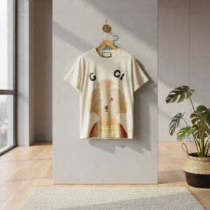 Gucci Dog Print Unisex Casual Cotton T-Shirt Beige