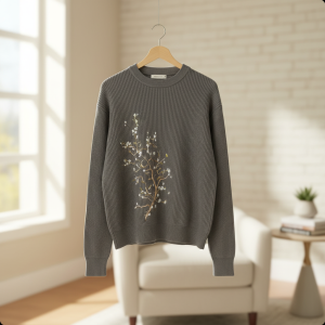 Derschutze Floral Embroidered Knit Grey Sweater