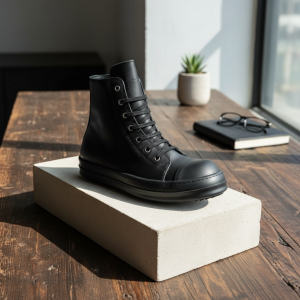 Rick Owens Black Leather High Top Sneakers