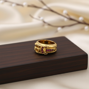 Gold Plated Buckle Ring with Red Crystal Stones