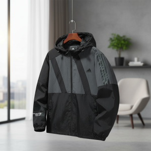 Adidas Men's Black Gray Hooded Windbreaker Jacket