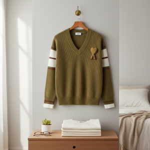 Ami Paris Khaki V-Neck Knit Sweater