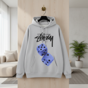 Stussy Gray Hoodie Blue Dice Graphic Sweater