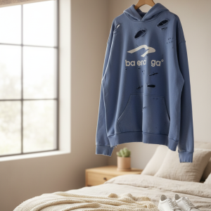 Balenciaga Blue Distressed Logo Hoodie Sweater