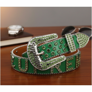 Supreme Green Crystal Studded Leather Belt