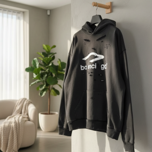 Balenciaga Distressed Logo Black Hoodie Sweater