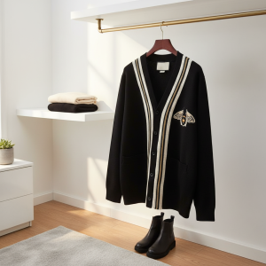 Gucci Bee Embroidered Black Knit Cardigan Sweater