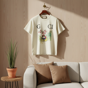 Gucci Cartoon Print Casual Cotton T-Shirt Cream