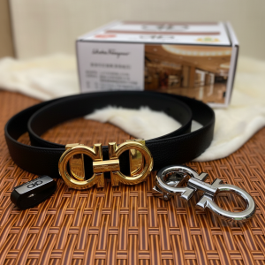 Ferragamo Men Leather Belt Gold Silver Buckle