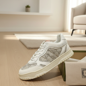 Gucci Beige Leather Canvas Sneakers Casual Shoes