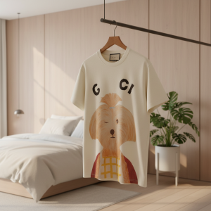 Gucci Dog Print Beige Cotton T-Shirt