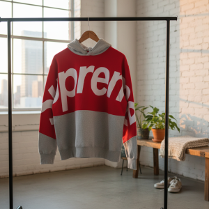 Supreme Red Grey Logo Hoodie Sweater