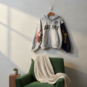 Army Patchwork Zip Up Hoodie Casual Streetwear