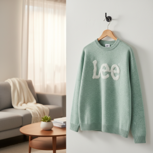 Lee Logo Fuzzy Knit Green Pullover Sweater