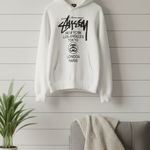 Stussy City Logo Print White Hoodie Pullover Sweater