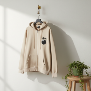 Stussy Beige Zip Up 8 Ball Hoodie