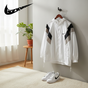 Nike Windbreaker Jacket White Black Hooded Coat