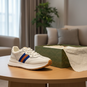 Gucci White Leather Sneakers Blue Orange Stripes