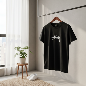 Stussy Men’s Black Logo Print Casual T-Shirt