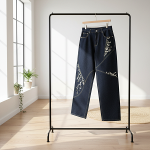 Derschutze Floral Embroidered Wide Leg Denim Pants