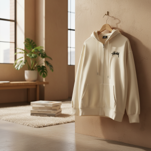 Stussy Graphic Print Cream Zip Up Hoodie