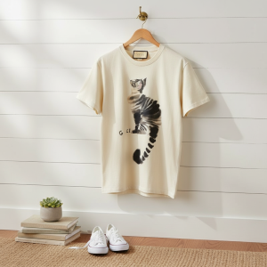 Gucci Cat Print Cotton Short Sleeve T-Shirt White
