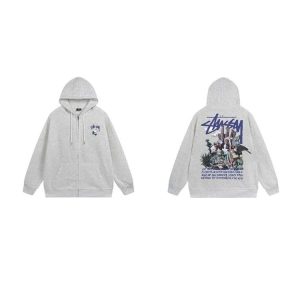 Stussy Graphic Print Gray Zip Up Hoodie