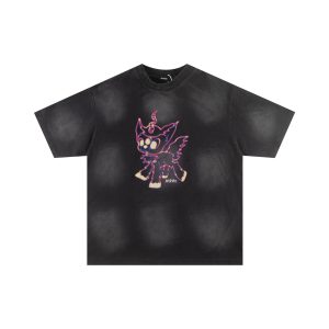 WE11DONE Cartoon Cat Graphic Black Streetwear T-Shirt