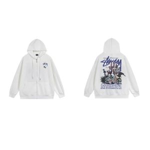 Stussy White Floral Graphic Zip Hoodie Sweater