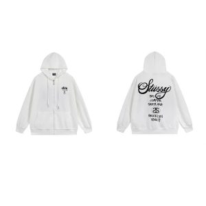 Stussy White Zip Up Hoodie Streetwear Pullover Sweater