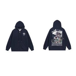 Stussy Navy Zip Hoodie Graphic Back Sweater