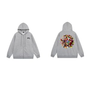 Stussy Flower Logo Grey Zip Hoodie Sweater