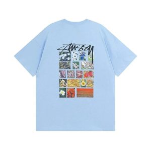 Stussy Floral Grid Graphic Blue T-Shirt for Men