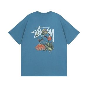 Stussy Blue Floral Graphic Casual T-Shirt