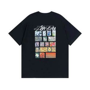 Stussy Floral Grid Logo Black Graphic T-Shirt