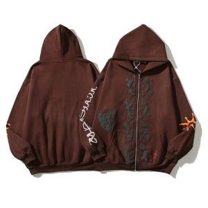 Brown Gothic Graphic Zip Up Streetwear Hoodie Sweater