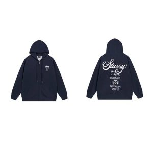 Stussy Navy Zip Up Hoodie Logo Graphic Sweatshirt