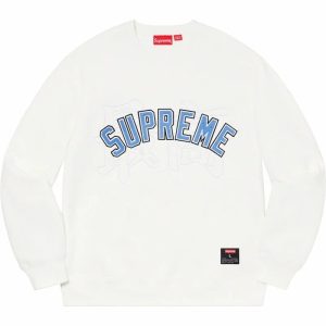 Supreme White Embroidered Logo Crewneck Sweater