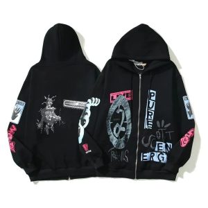 Street Graphic Black Zip Up Hoodie Sweater
